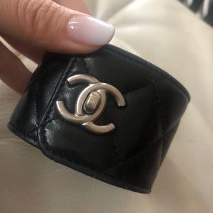 CHANEL Black Leather Quilted Cuff Bracelet
